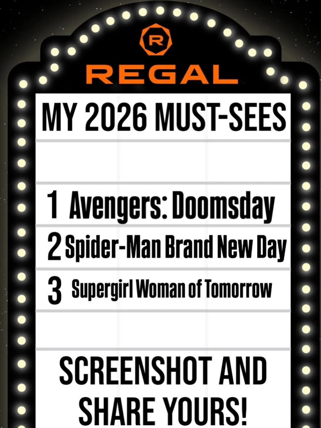@regalmovies Here are our Top 3 most anticipated films of 2026! What are yours?
#movies #movietheaters #2026movies