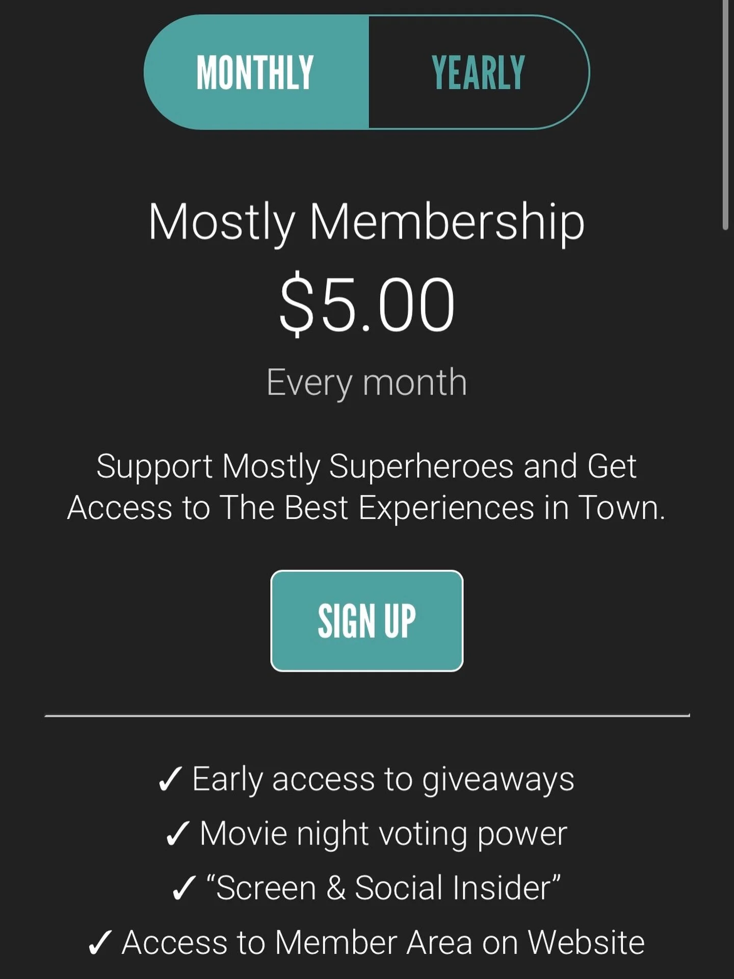 $5 gets you a lot from @mostlysuperheroes 👇

✓ Early access to giveaways
✓ Movie night voting power
✓ &ldquo;Screen &amp; Social Insider&rdquo;
✓ Access to Member Area on Website
✓ Bonus mini-episodes and shoutouts 

Sign up now to support our commu