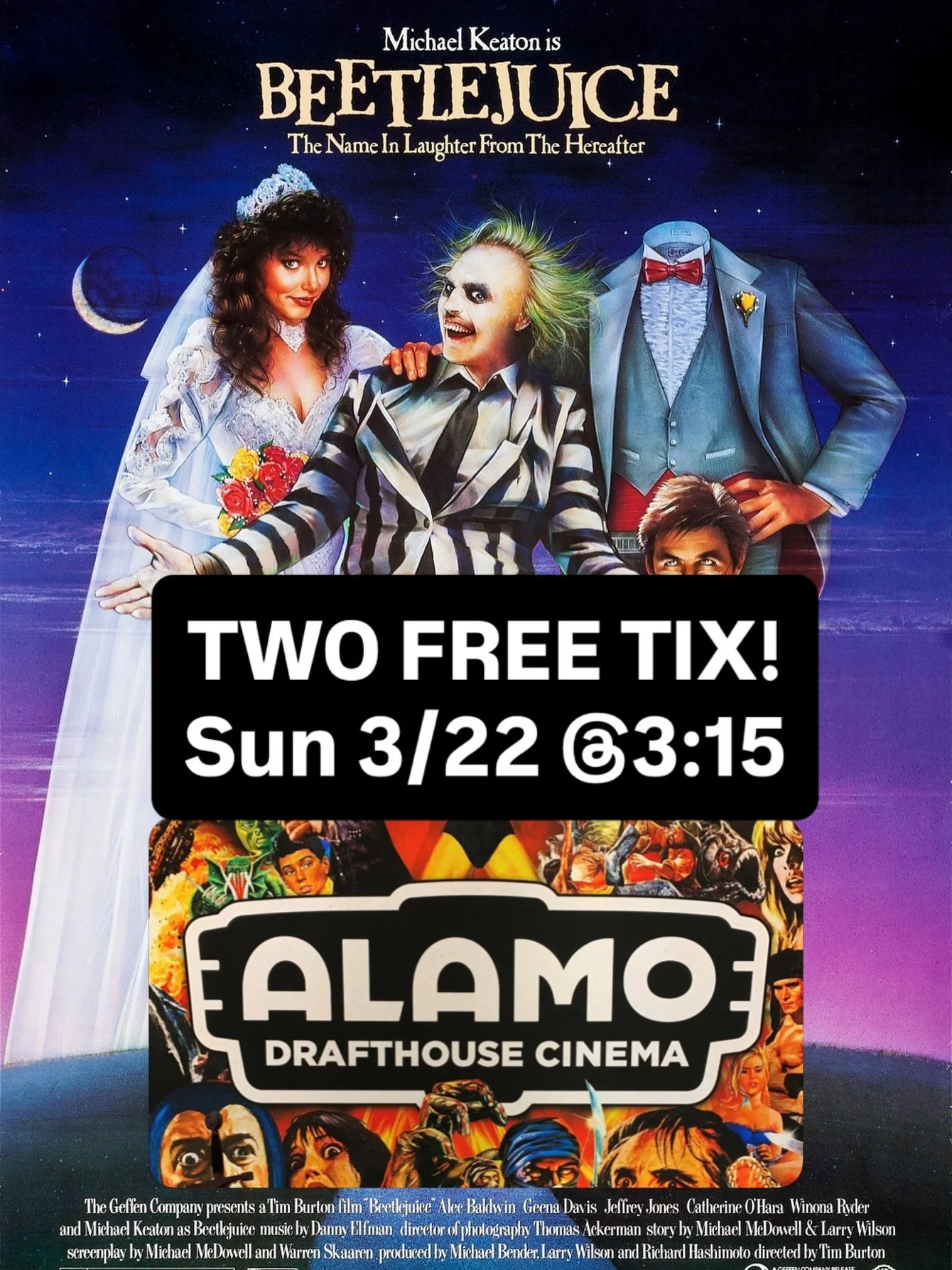 @mostlysuperheroes has TWO free tickets to see BEETLEJUICE (1988) at Alamo Sunday 3/22 at 3:15pm. Comment below or DM us if you want them asap! Must be 18+. T&amp;Cs apply.