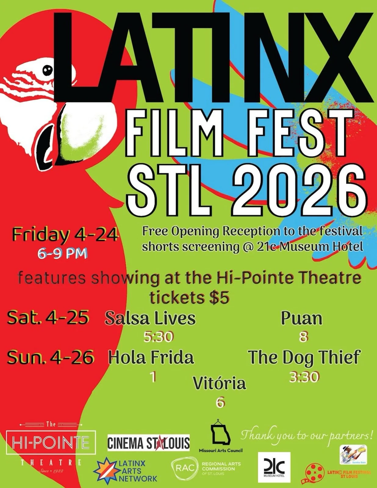 🎬 Latinx Film Fest STL giveaway! Win 2 FREE tickets to every show.

🗓 4/25 5:30 PM 📍 Hi-Pointe Theatre 🎟 $5

To enter:

Follow @mostlysuperheroes @sambabomstl @latinxartsstl @hipointetheatre @21cstl @thekey_stl

Comment + tag a friend

Share for 