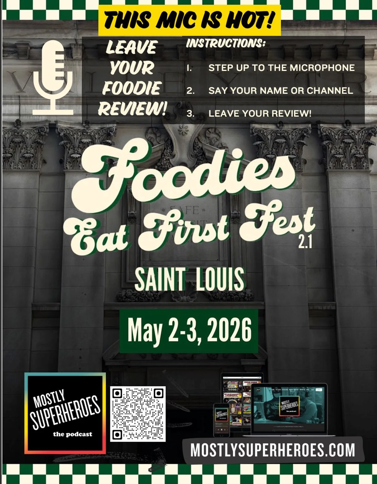 🎙️ This mic is HOT at @foodieseatfirstfest by @bradenstl 🔥 

Stop by the Mostly Superheroes exclusive podcast booth, leave your foodie review, and get featured! 

🎟️ Enter to win VIP tickets to @galaxyconst.louis 
💛 Learn more about @team_jakey t