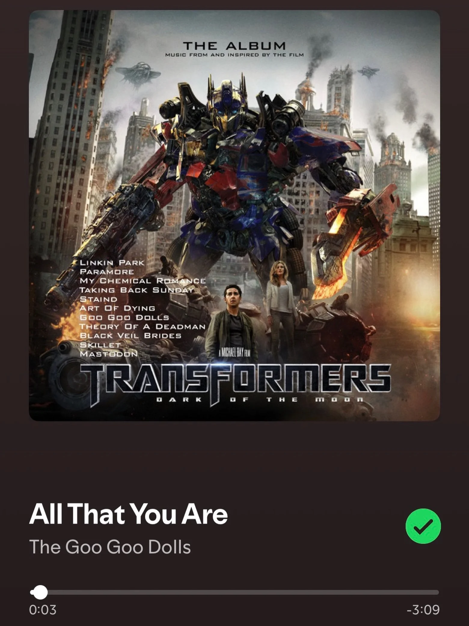 A jam. &ldquo;All That You Are&rdquo; by the @googoodollsofficial. You know. From 2011 film &ldquo;Transformers Dark of the Moon&rdquo;