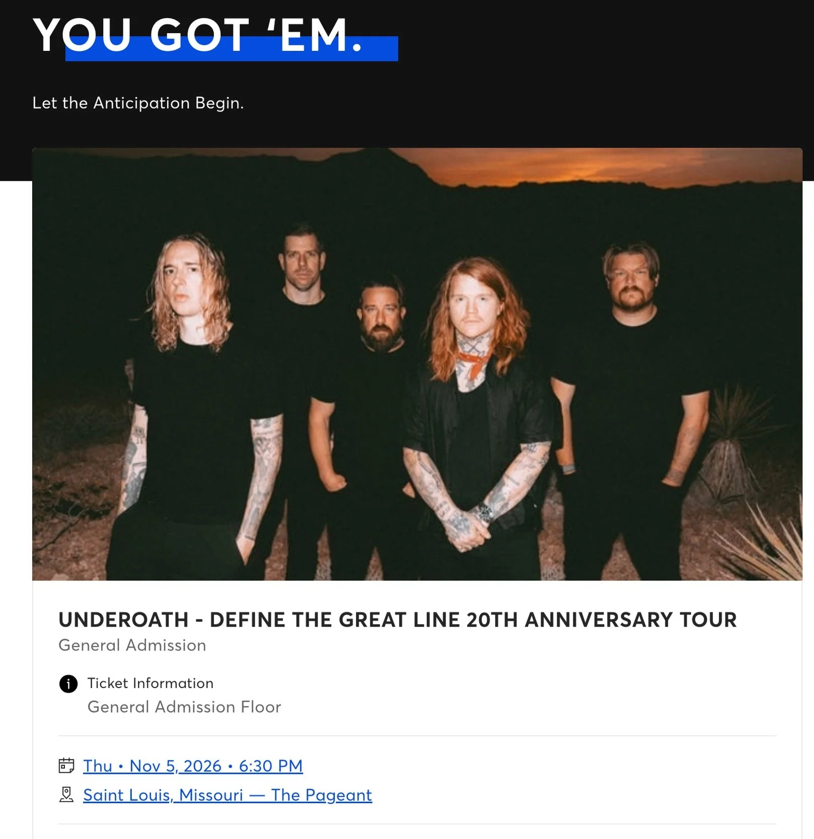 See ya there. Catch @underoathband, @augustburnsred, @atreyuofficial, and @ascitiesburn LIVE at @thepageantstl in St. Louis Nov 5th. Tickets are on sale now!