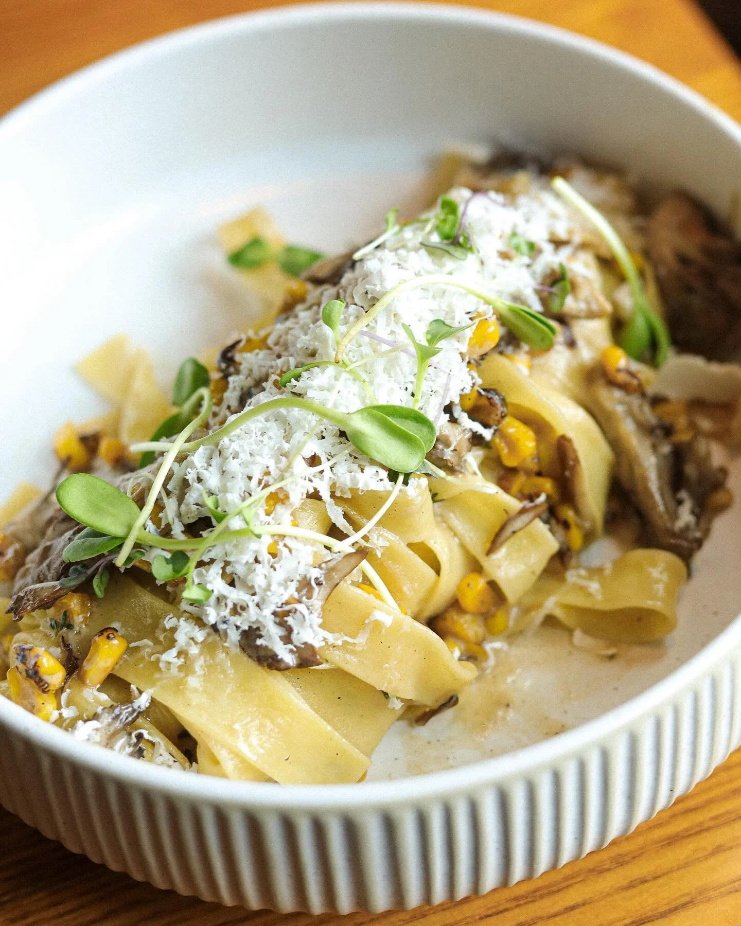 Maitake Mushroom Tagliatelle! 🍄&zwj;🟫

&bull; Roasted Maitake Mushrooms, Blistered Corn, Thyme, Cream, Lemon Zest, Ricotta Salata.

Available in the dinner menu!