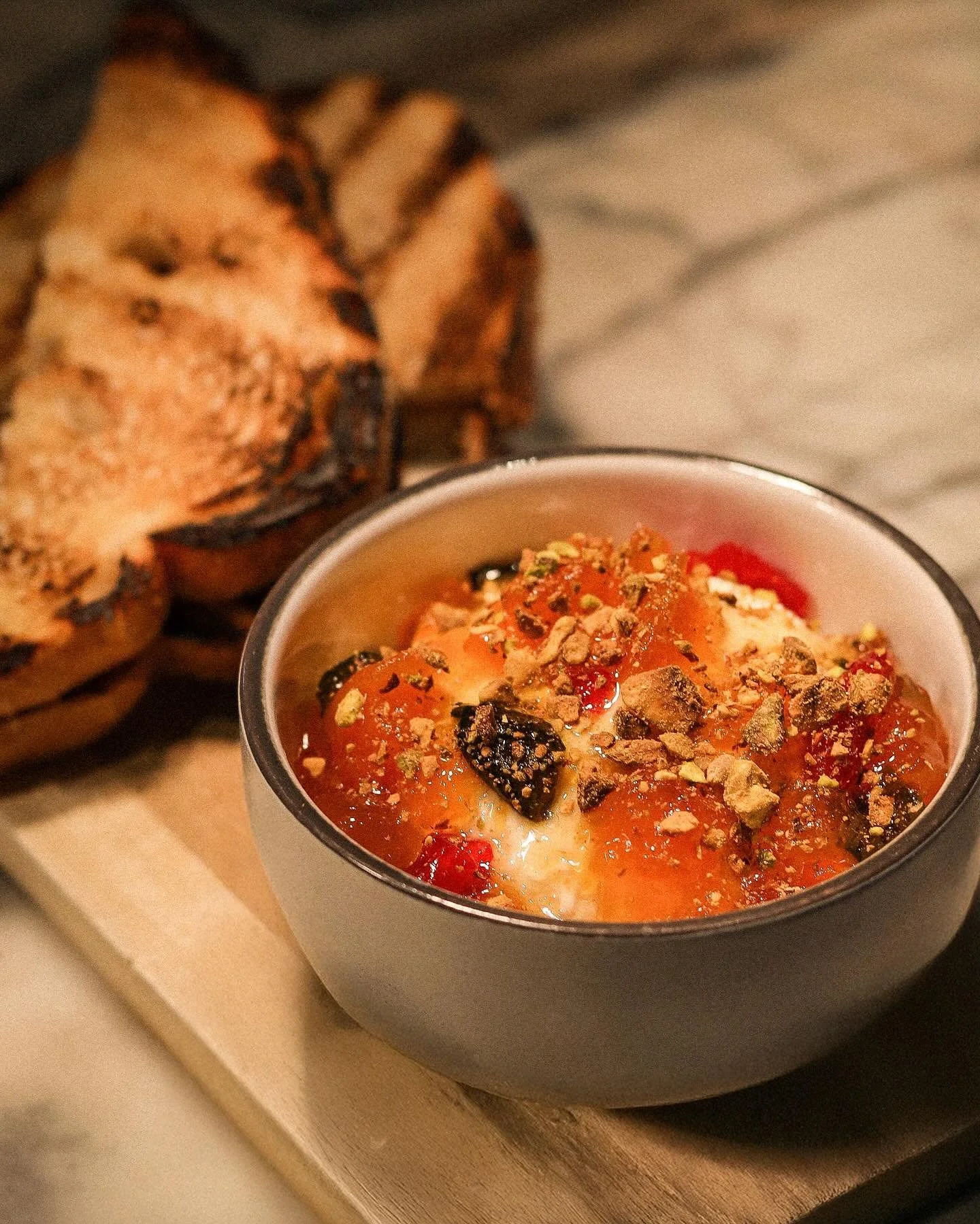 Whipped Feta Dip! 🍑🌶️ 

&bull; Peach &amp; Pepper Jam, Pistachio, Aleppo Honey, Basil, Grilled Sourdough.

Get it before it&rsquo;s gone!