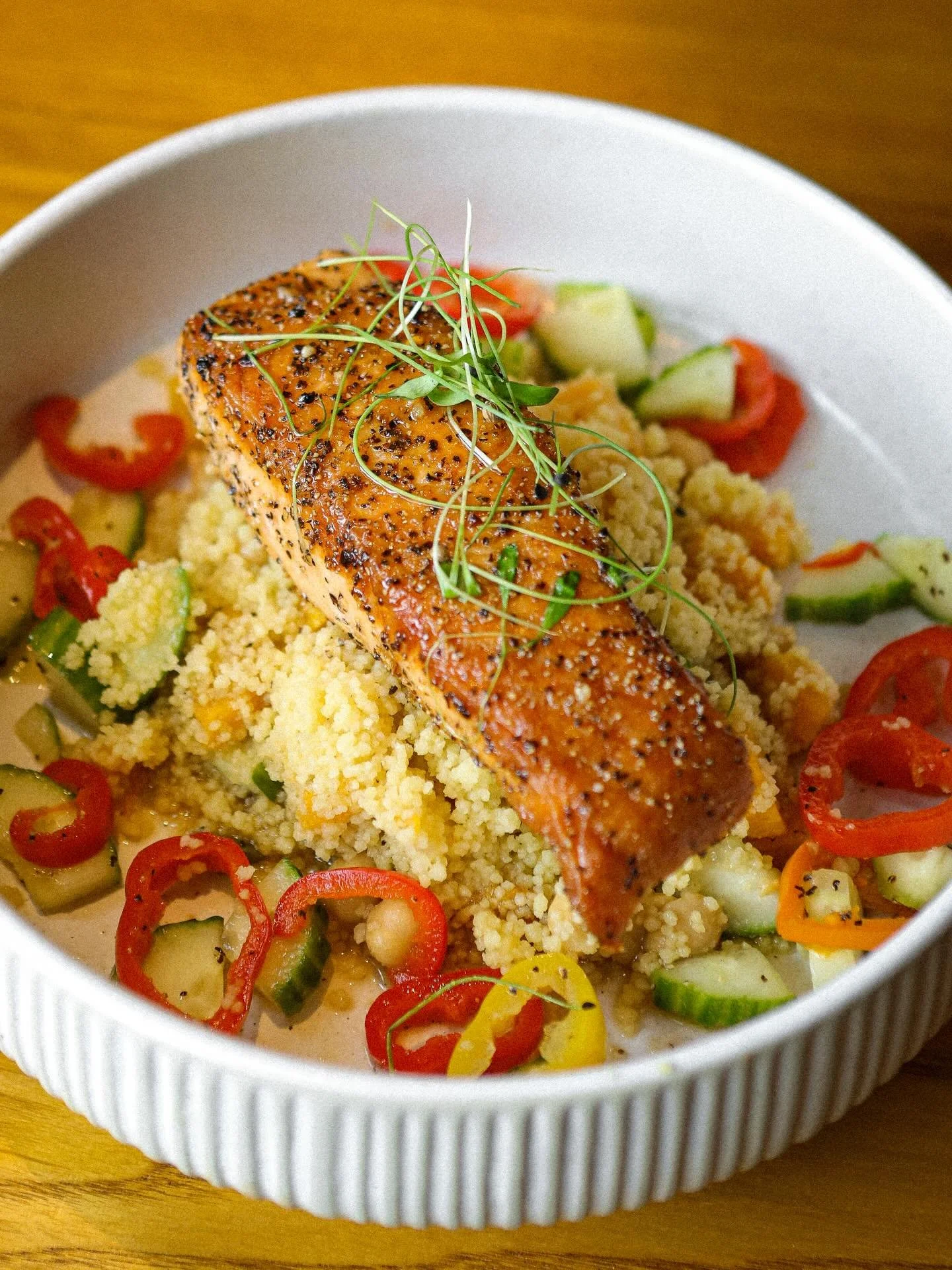 Maple Glazed Salmon 🍁 

Roasted Butternut Squash, Couscous, Chickpeas, Pumpkins Seeds, Cucumber, Sweet Peppers.

Only available on the lunch menu!