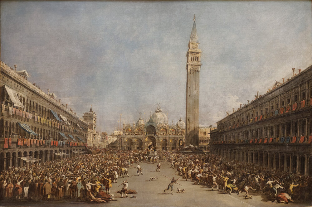 The doge is carried through the square after his coronation throwing gold coins to the crowd, a tradition originated by Doge Ziani in 1172.  (Francesco Guardi, 18th c.)
