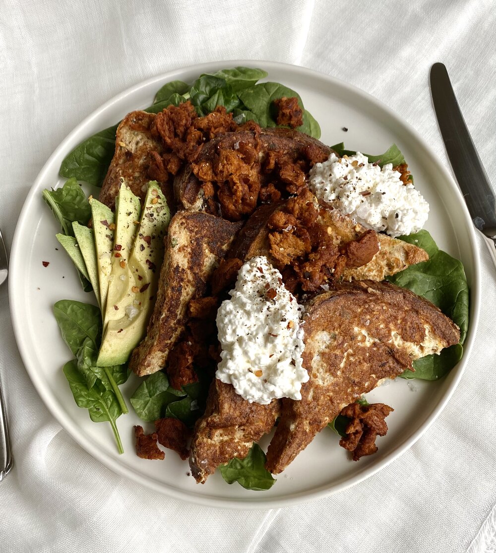  savory french toast with spinach, cottage cheese, vegan chorizo, and avocado 