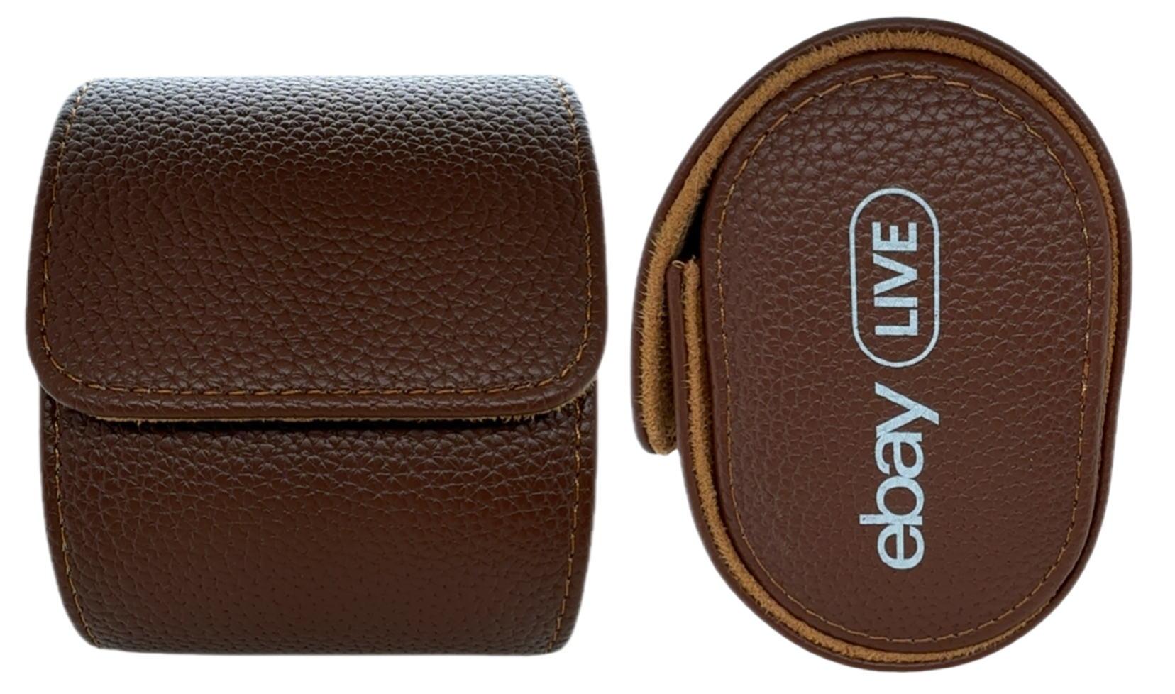 Front and profile views of the brown travel watch case, showing its flap closure and eBay Live branding.
