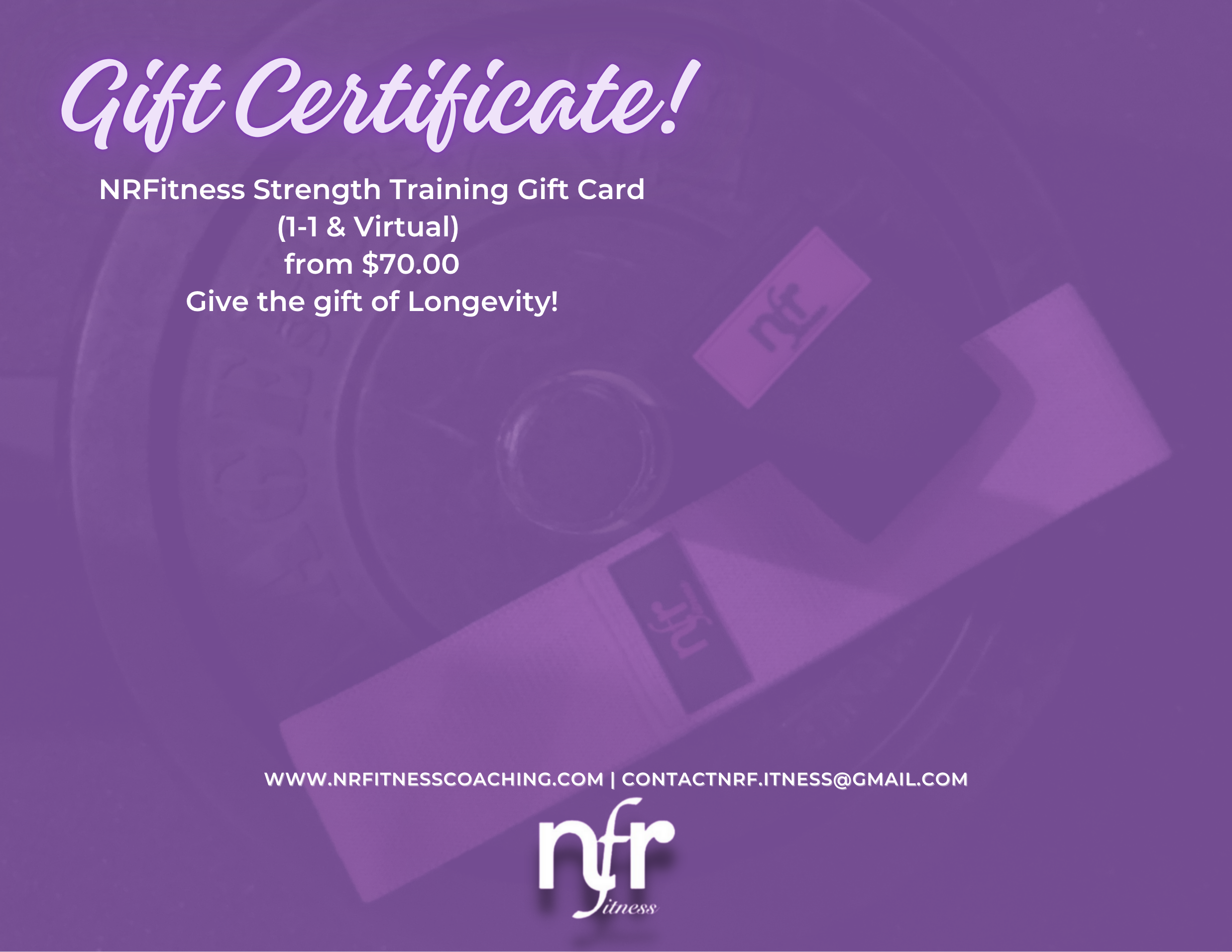 NRFitness Gift Certificate 1:1 Personal Training Services (Virtual & In person)