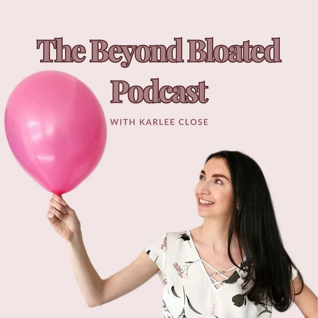 Cover for "Beyond Bloated Podcast" a woman smiles, holding a pink balloon.