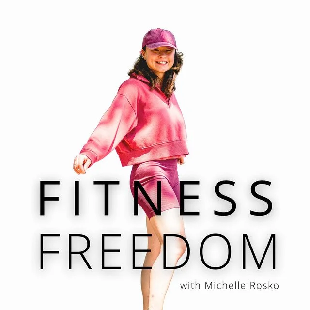 Logo for "Fitness Freedom" podcast. A woman in pink athletic wear.