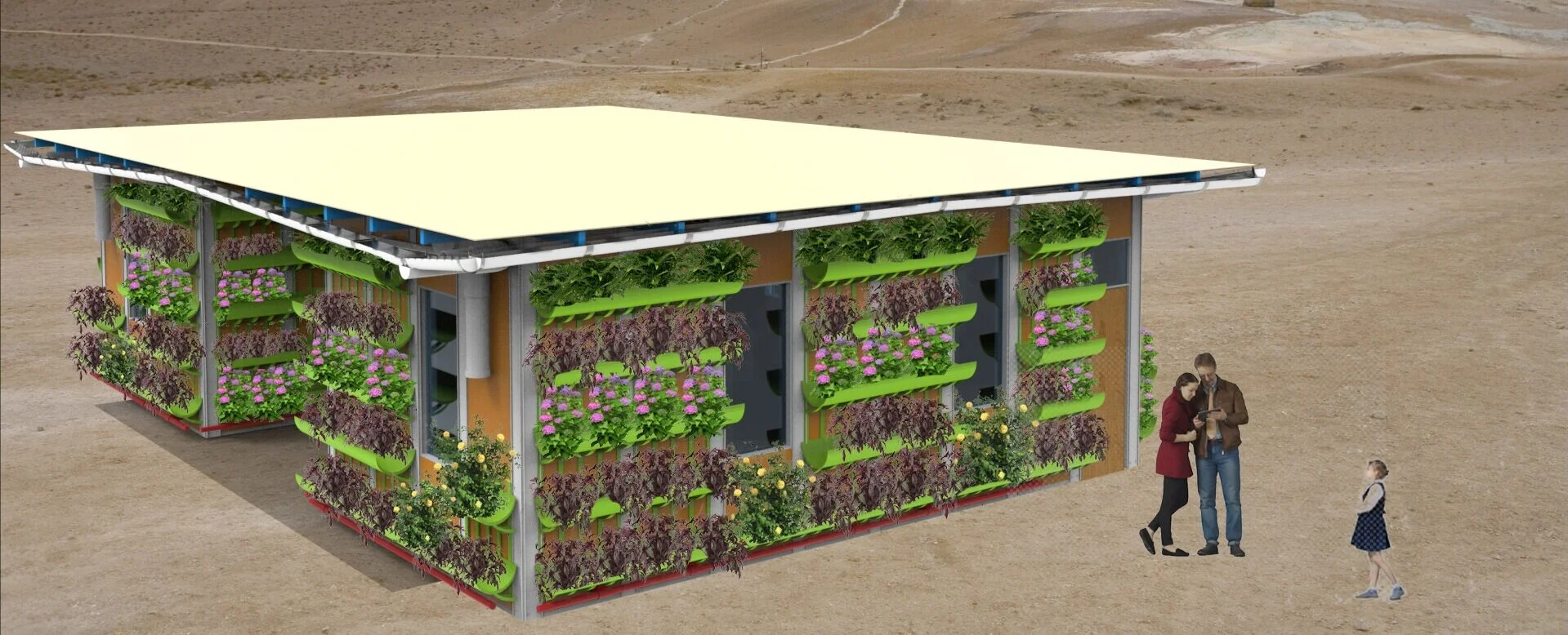 Render of a house built with the constructive system for rainwater harvesting.