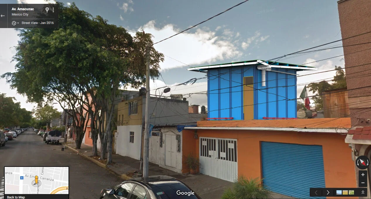Render of a warehouse placed on top of a traditional one-story house.