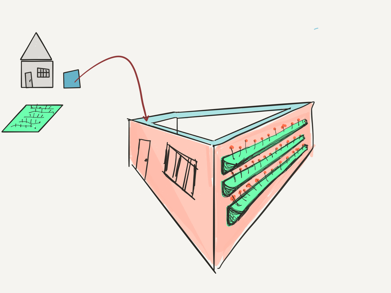 Optimizing space. In addition to the housing and rainwater harvesting system and water container, the constructive system includes the use of vertical garden or orchard (for environmental purposes and thermal  advantages).