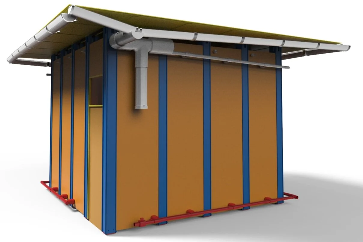 Flexible water containers are hidden inside every wall module, except where windows and doors are required.