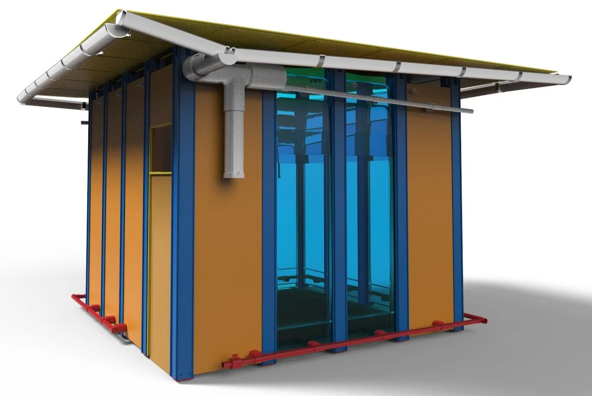 Flexible water containers are hidden inside every wall module. White pipe conveys rainwater into the flexible water containers, while red pipe redistributes water evenly between flexible water containers via hydrostatic pressure.
