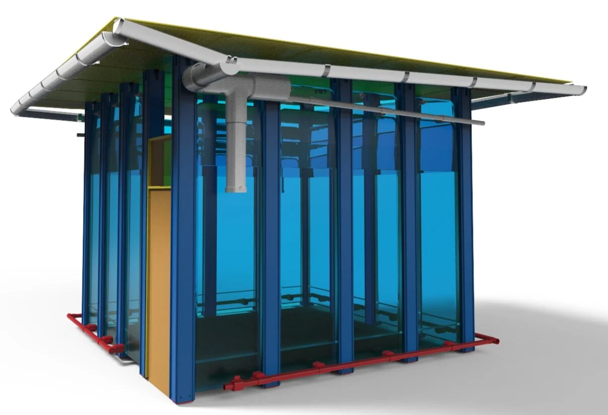 Having water contained in the walls of the structure means a lower center of gravity, contrary to on-top water containers, allowing a bigger built-in water reservoir on earthquakes zone.
