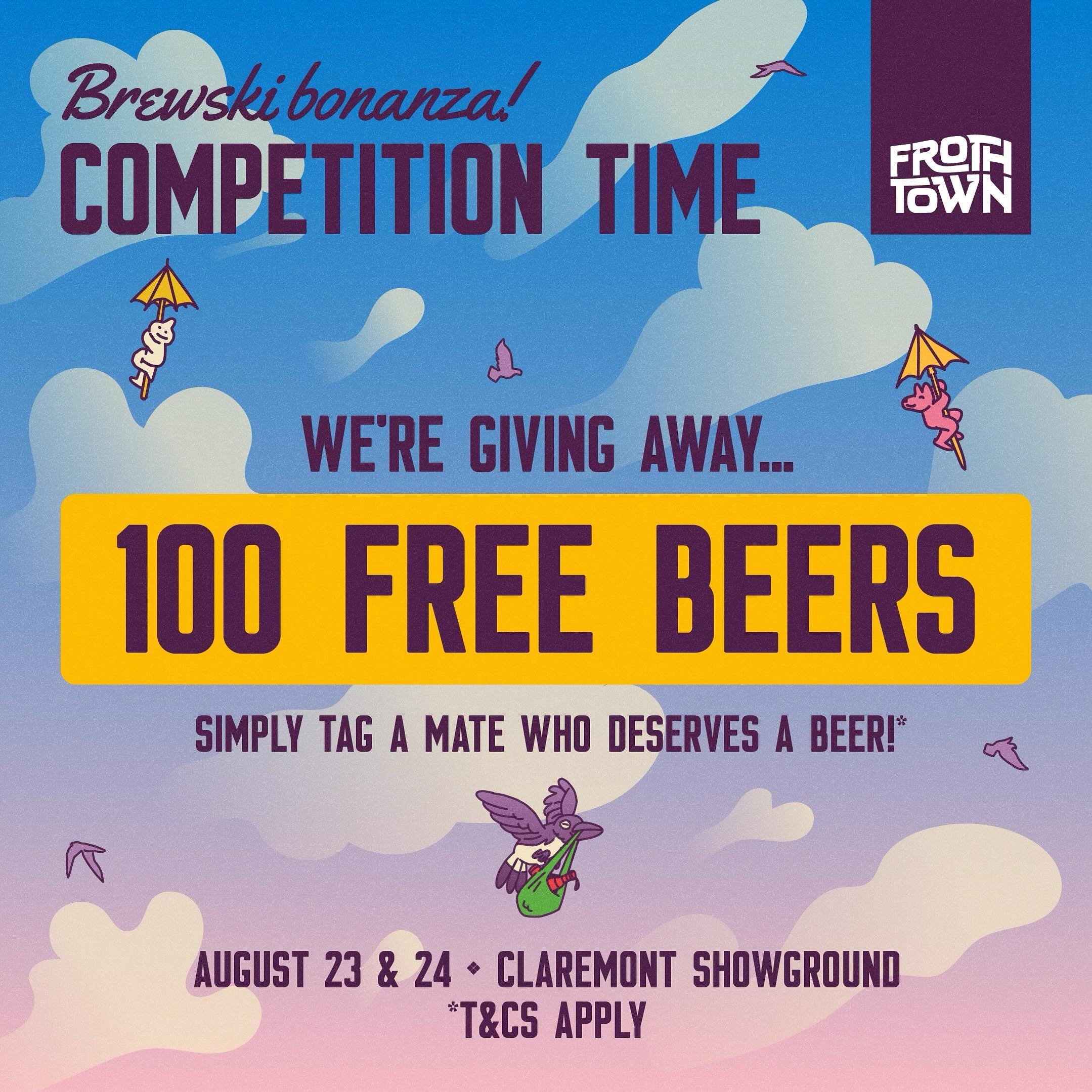 ✨ONLY 100 DAYS TILL FROTH TOWN ✨
 TO CELEBRATE, WE ARE GIVING AWAY 100 FREE BEERS 🍻 
All you have to do is tag a mate who you think deserves a free beer 🍻 Get tagging 👇

Competition closes Wednesday 22nd May at 6pm 🚨
Winners announced Thursday 23