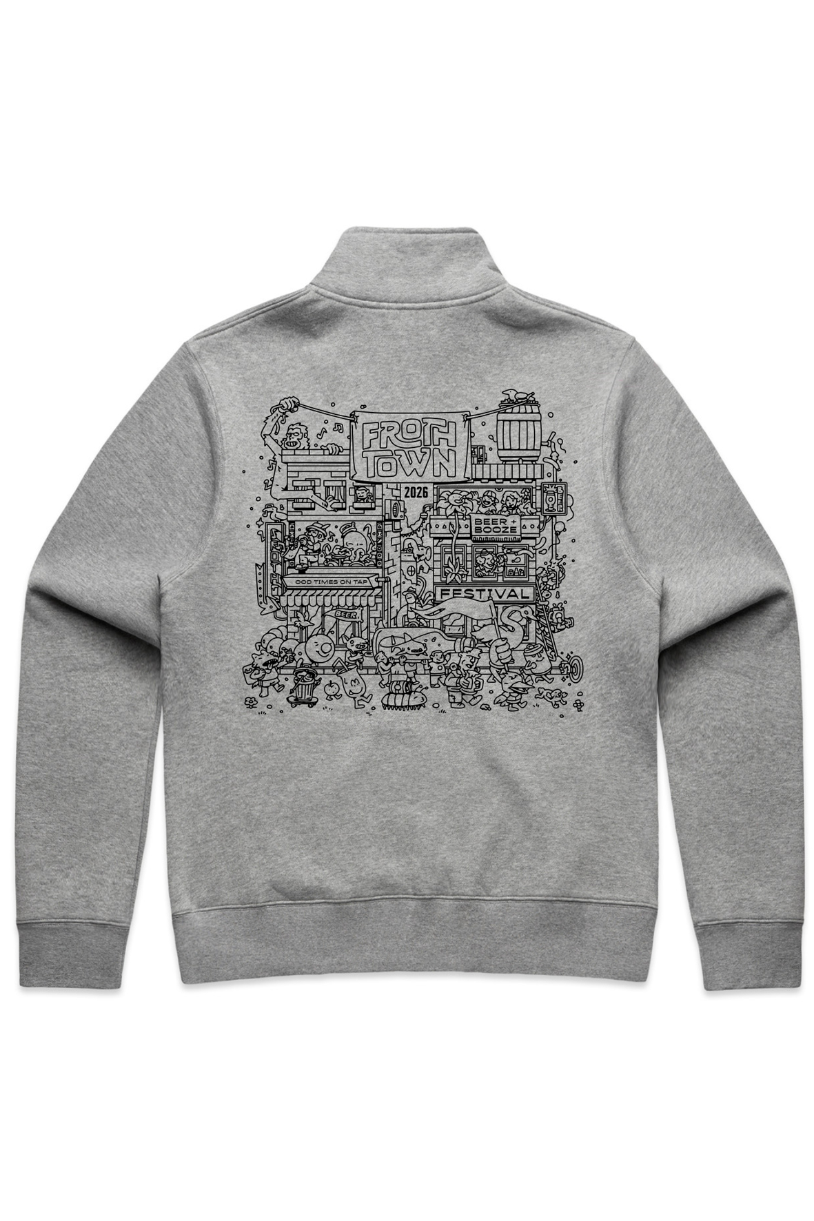 FROTH TOWN 2026 GREY MARLE STENCIL HALF ZIP_Back.png