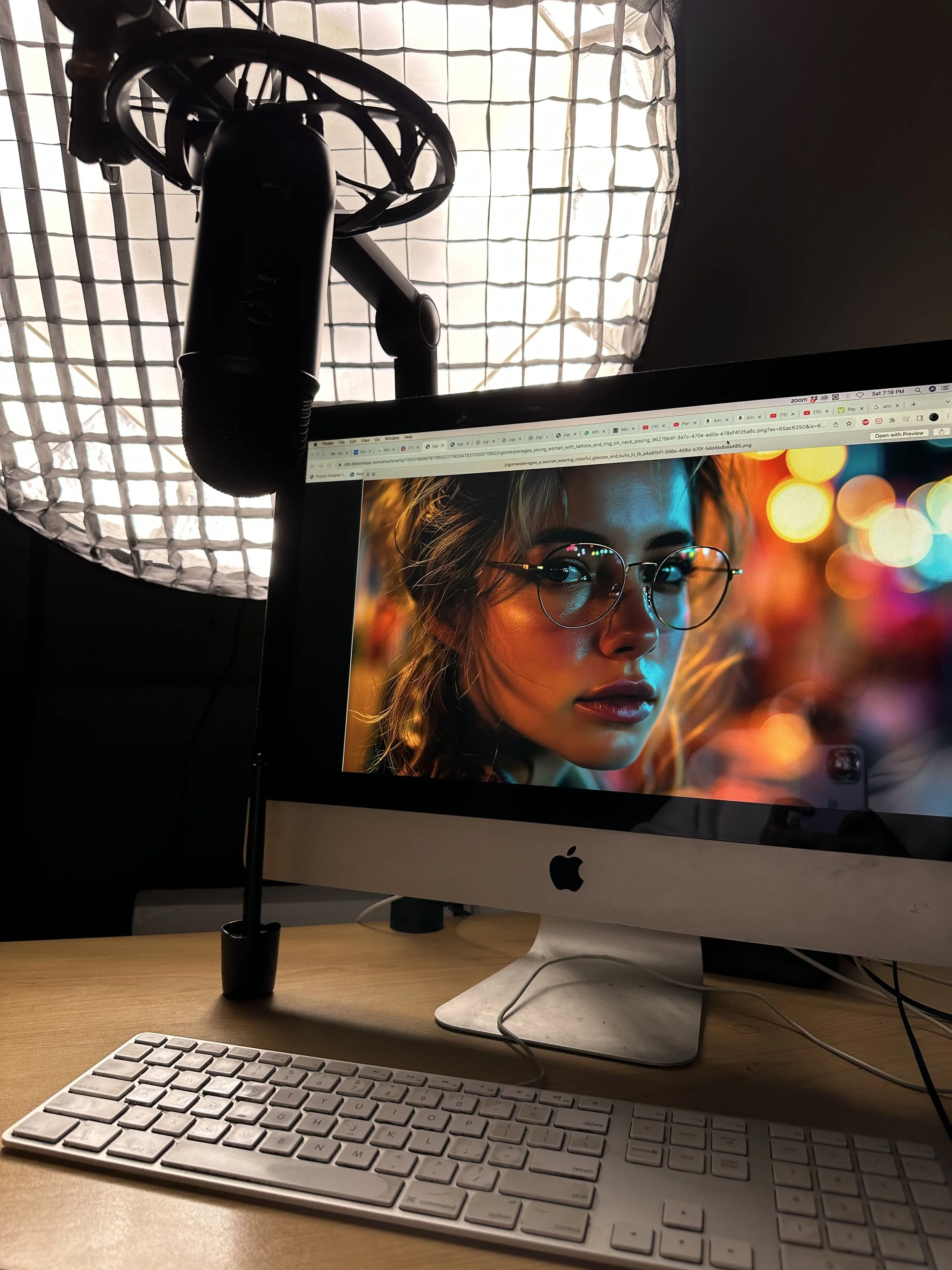 Imagen de una computadora Apple con una pantalla que muestra la cara de una mujer con gafas y un fondo colorido y borroso. Incluye un teclado en la mesa, una lámpara de luz blanda y un fondo con cortinas de rejilla
