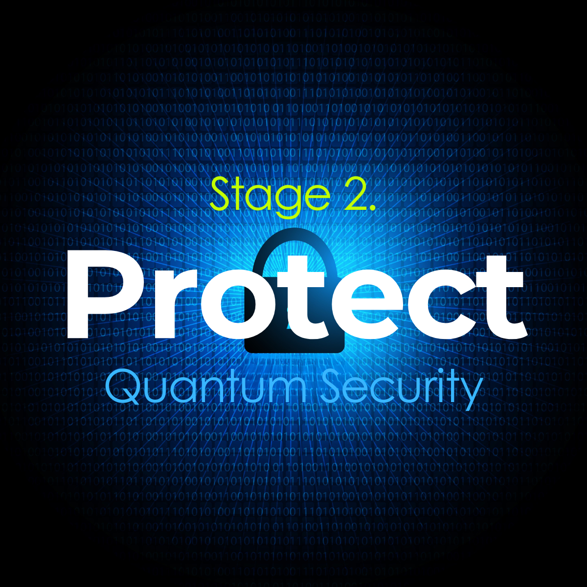 Digital graphic with binary code background, locked padlock at center, and text: 'Protect', 'Stage 2.', and 'Quantum Security'.