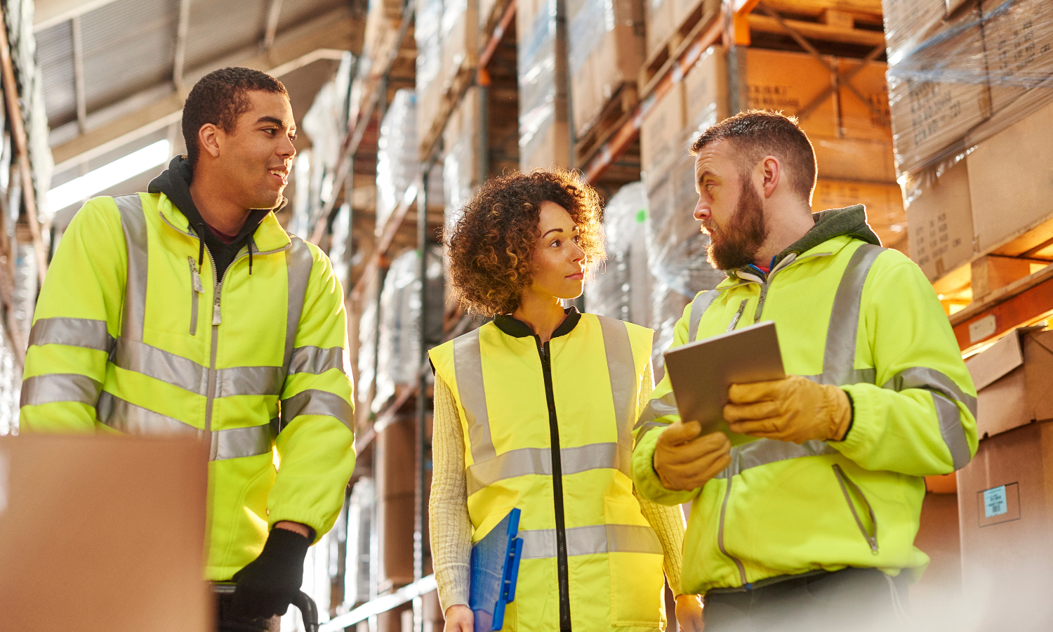 Three warehouse workers in high-visibility jackets standing and talking inside a warehouse with shelves of stored items.