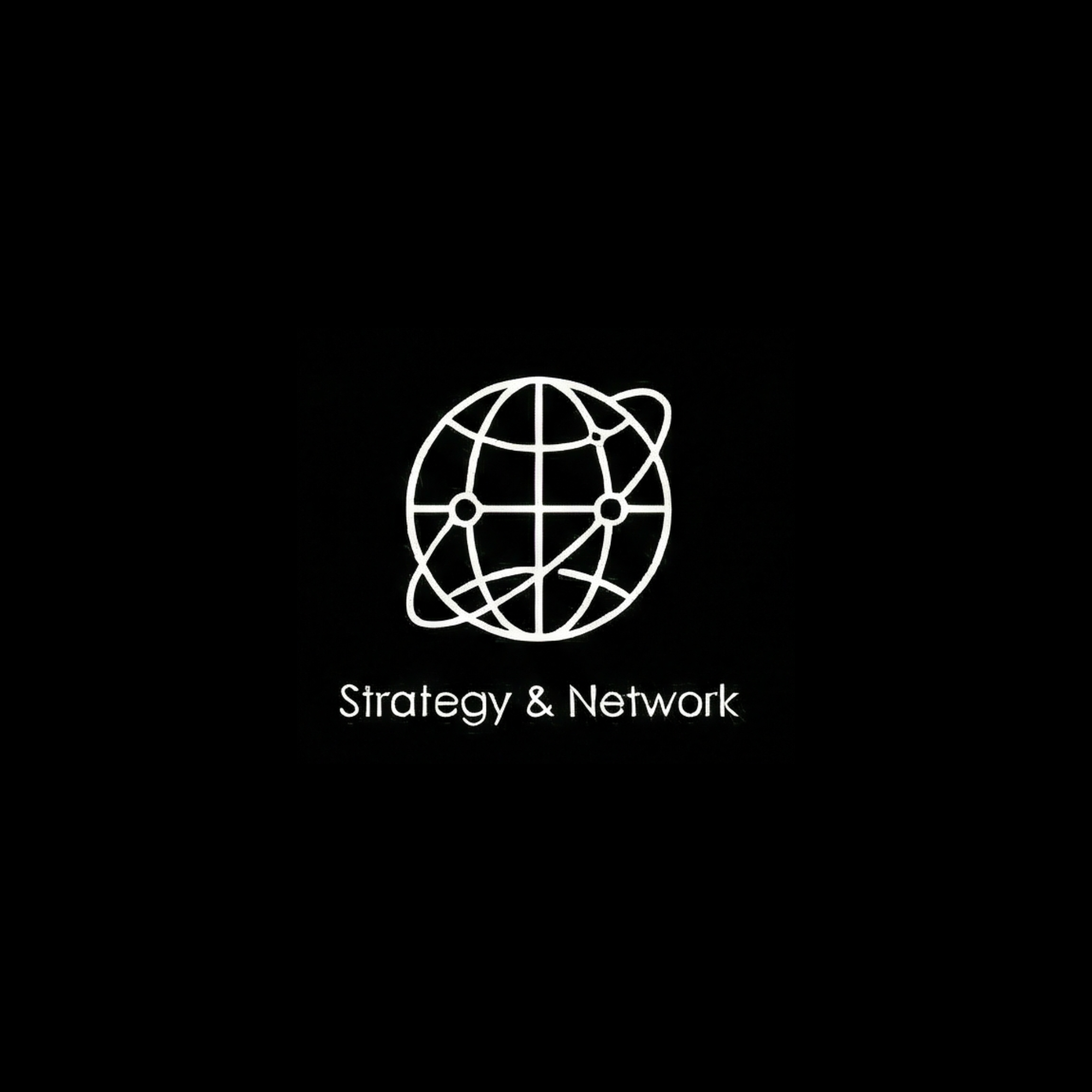 A white illustration of a globe with interconnected lines and a small orbiting circle, on a black background. Below, the text reads 'Strategy & Network.'