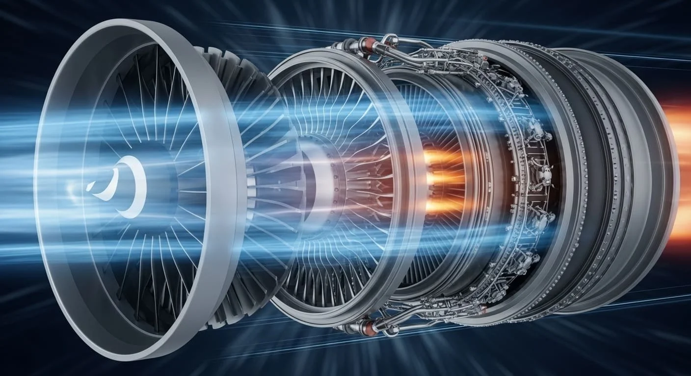 A digital illustration of a jet engine with visible internal components, turbines, and airflow.