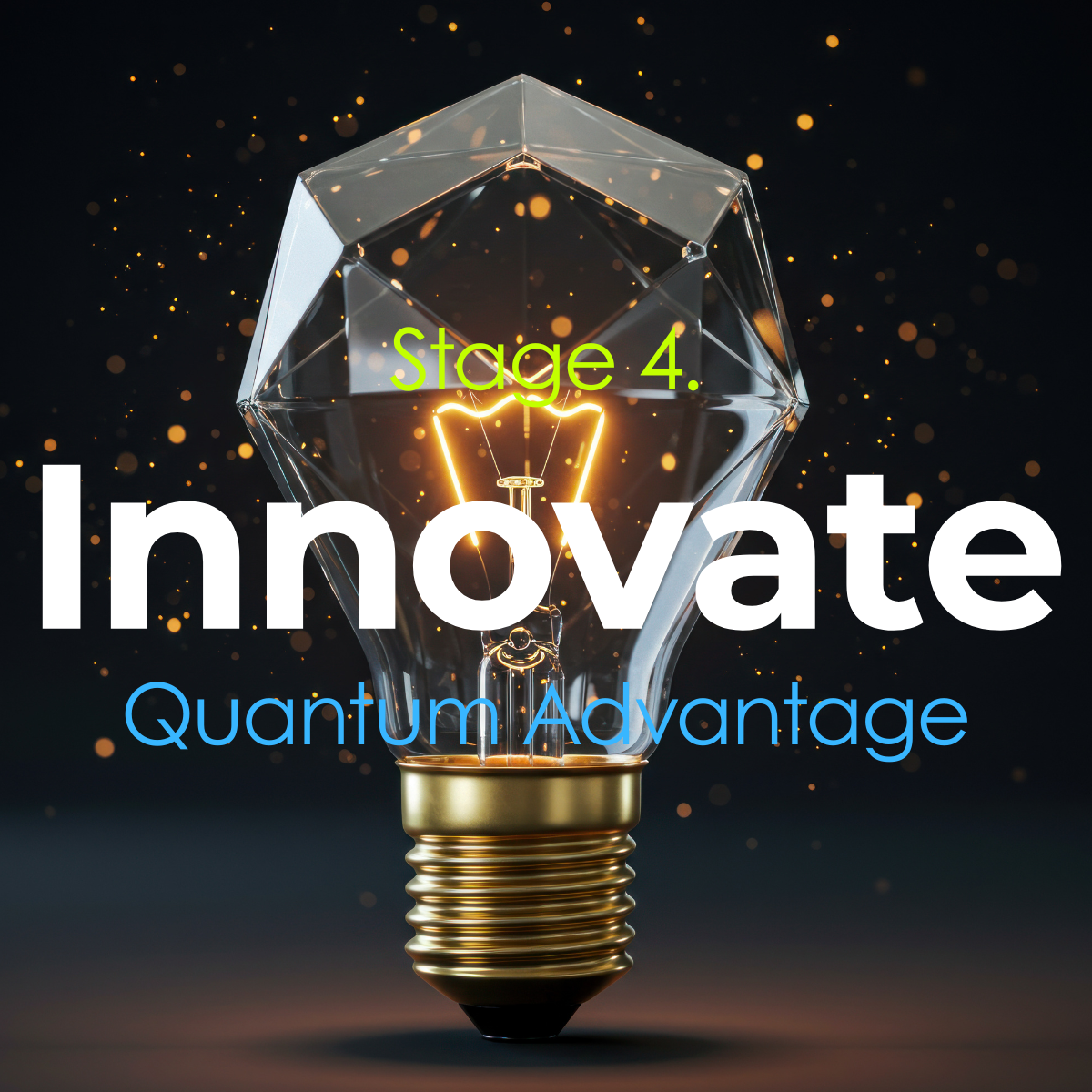 A lightbulb with a glass geometric cover and a glowing filament, surrounded by small glowing particles. Text over the image reads "Stage 4. innovate" in green, white, and blue fonts, with a dark background.