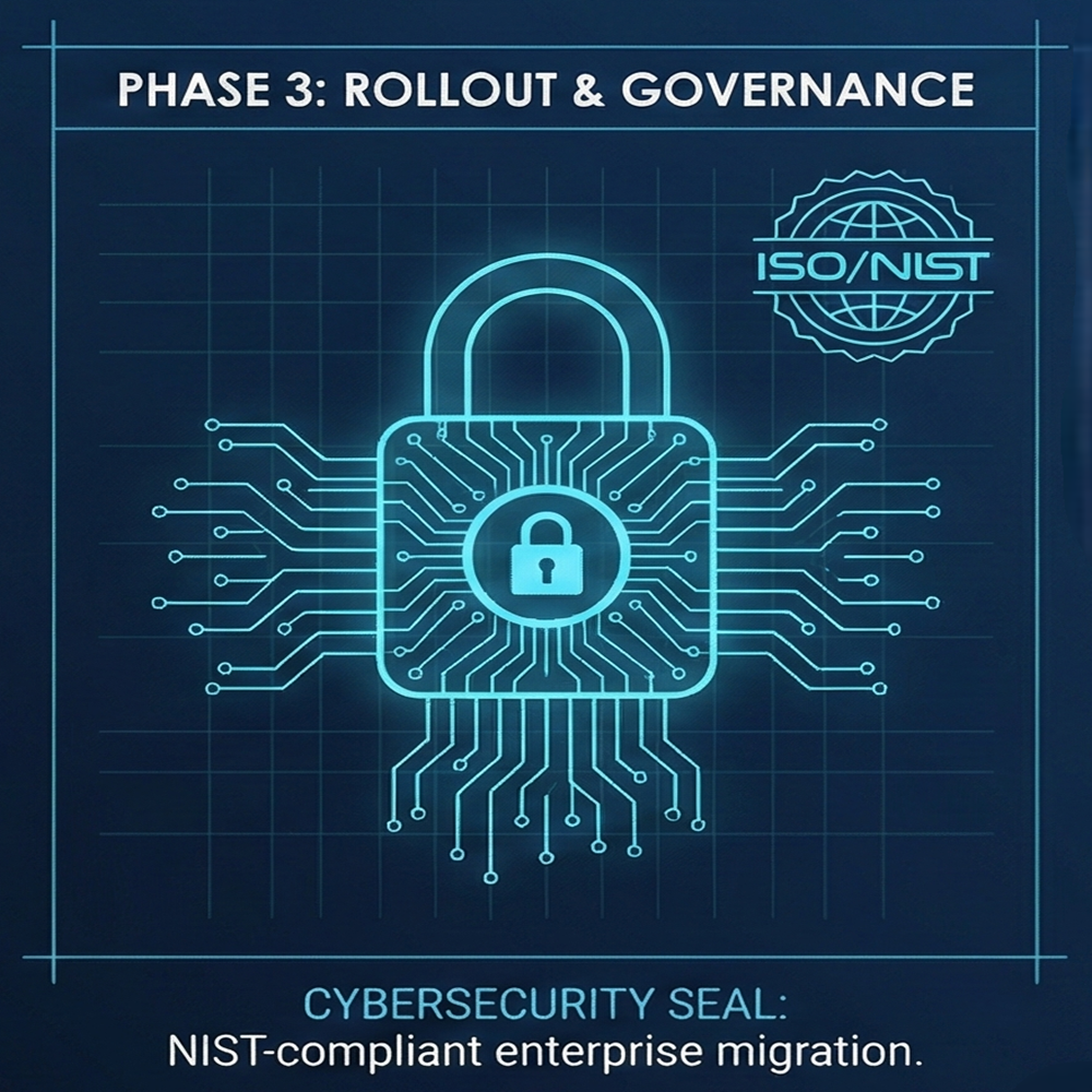 Digital illustration of a cybersecurity lock with interconnected circuits, symbolizing data security. The top reads 'Phase 3: Rollout & Governance,' and a NIST/ISO certification logo is in the upper right corner. Text at the bottom states 'Cybersecurity Seal: NIST-compliant enterprise migration.'