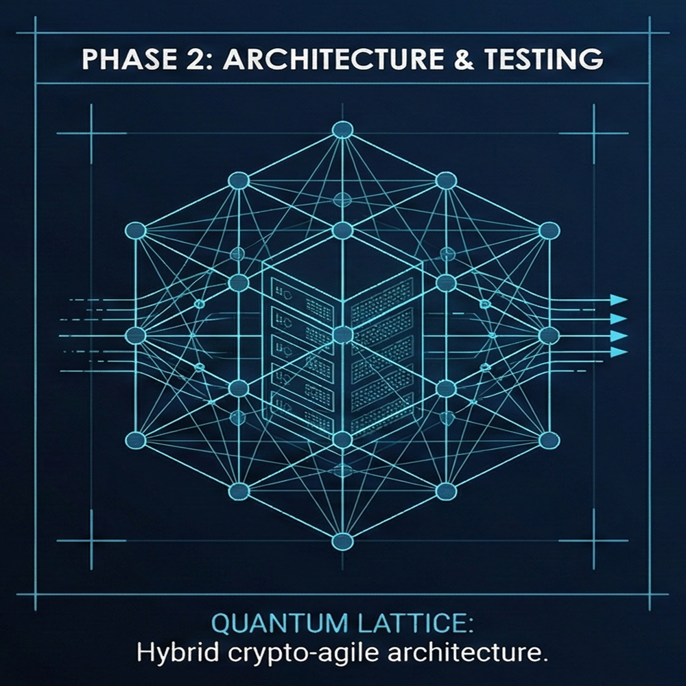 A digital illustration depicts a networked structure labeled 'Phase 2: Architecture & Testing' at the top. It features interconnected nodes surrounding a central server or blockchain, with outgoing arrows symbolizing data flow. The caption at the bottom reads 'Quantum Lattice: Hybrid crypto-agile architecture.' The artwork uses a blueprint style with glowing blue lines and a dark background.