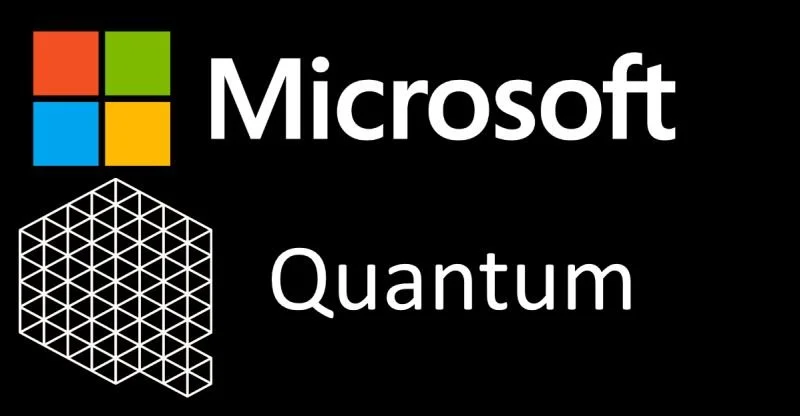 Microsoft logo with colored squares and the words "Microsoft Quantum" on a black background.