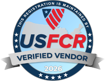 USFCR Verified Vendor badge with a shield, stars, and the year 2026