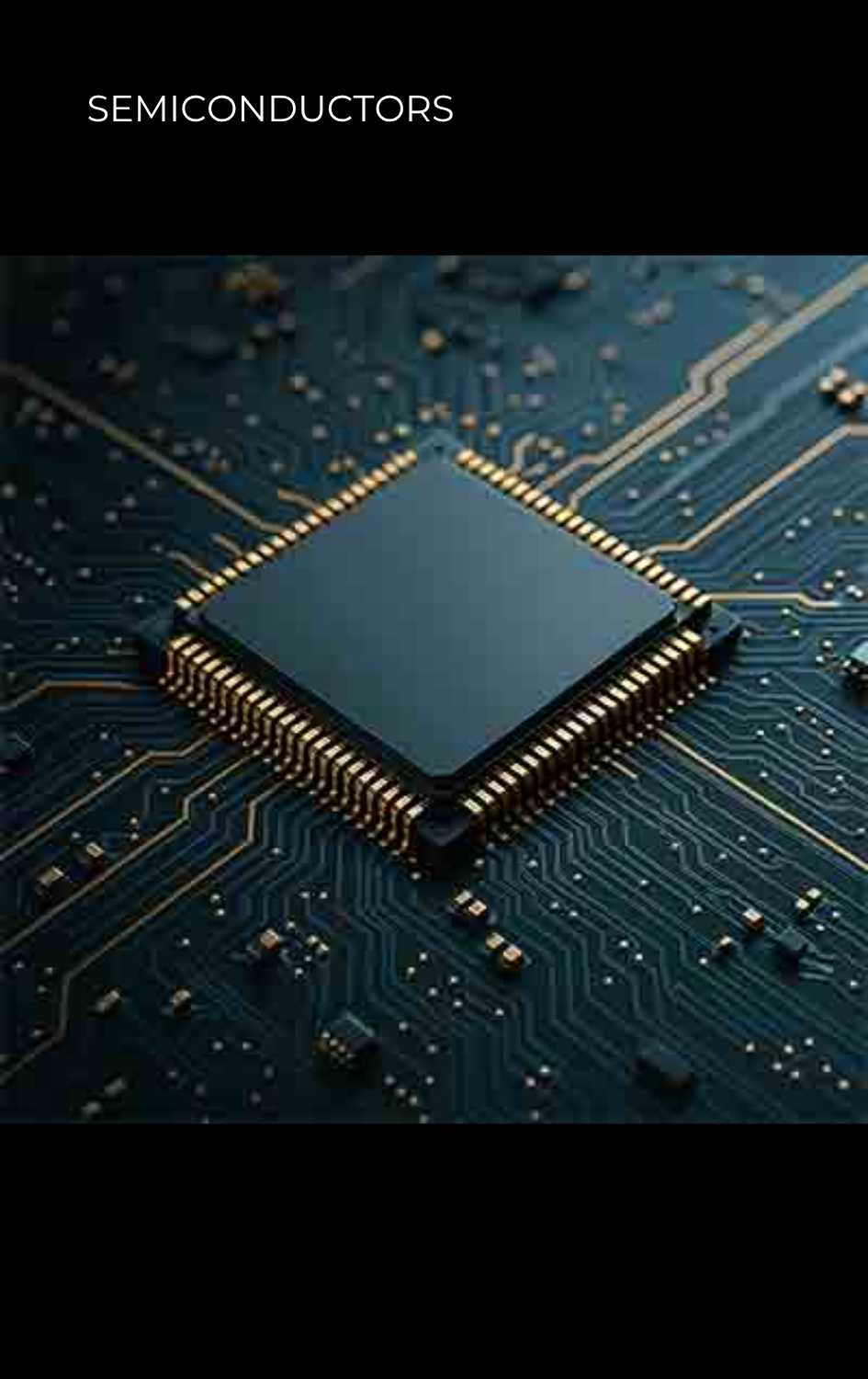 Close-up of a microprocessor chip on a blue printed circuit board.