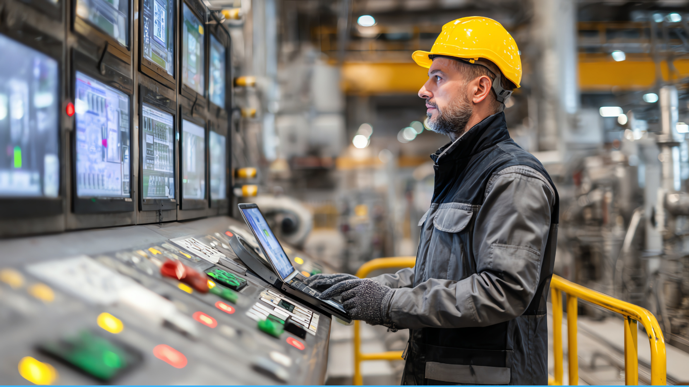 A male industrial worker in a yellow hard hat and gray work jacket operating controls and monitoring screens in a factory or industrial facility.