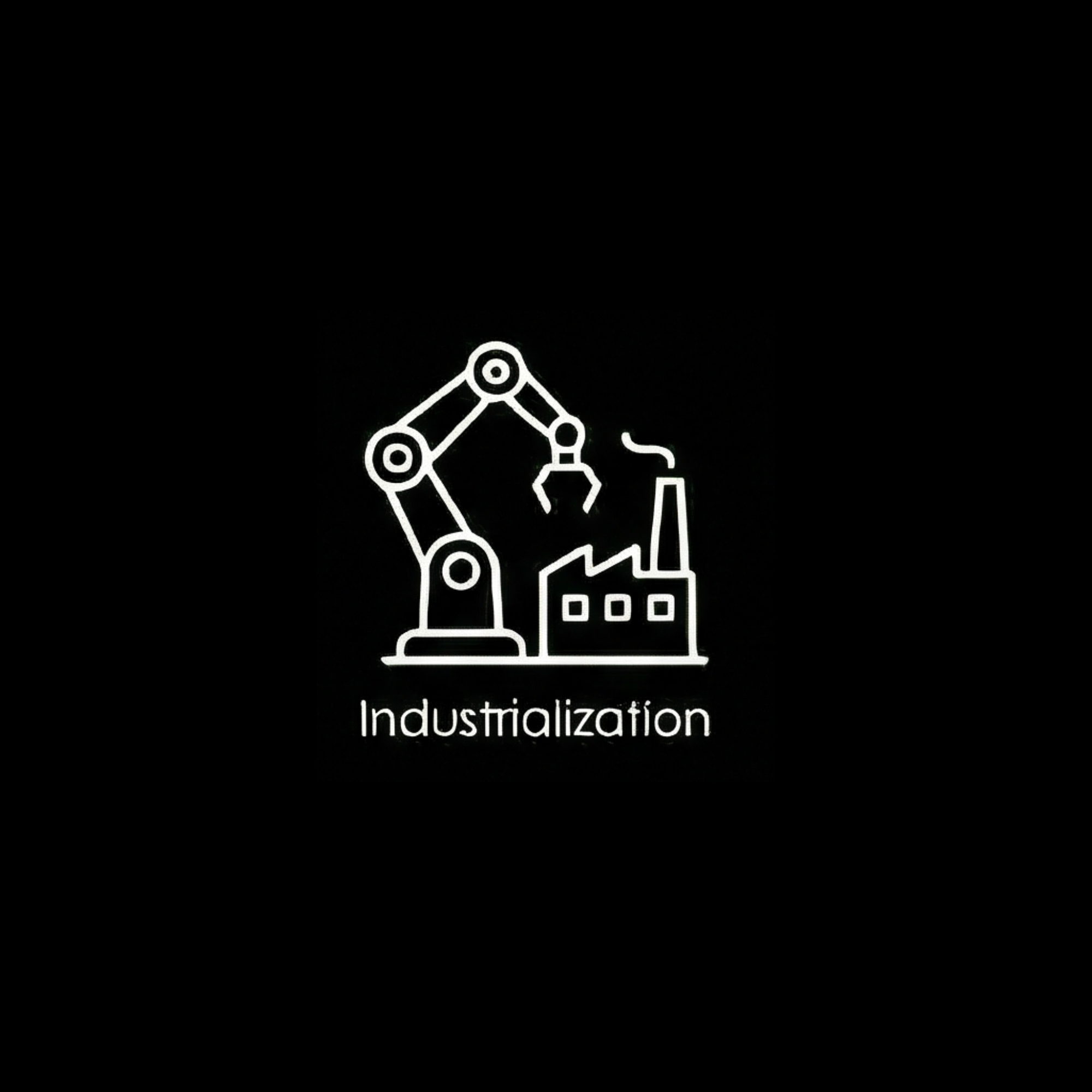 Line drawing of an industrial robotic arm with a factory in the background. The word 'Industrialization' is written below.