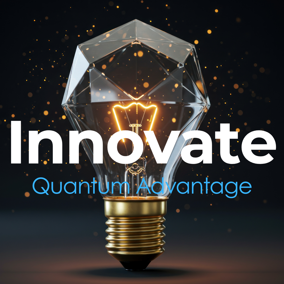 A light bulb with a diamond-shaped glass top, glowing filament, and spark-like particles in the background, with the words 'Innovate' and 'Quantum Advantage' overlaid.
