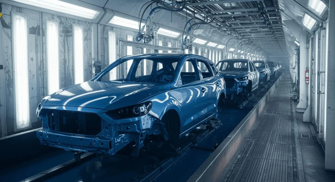 Line of partially assembled blue cars on an assembly line inside a factory, with bright lights and machinery overhead.