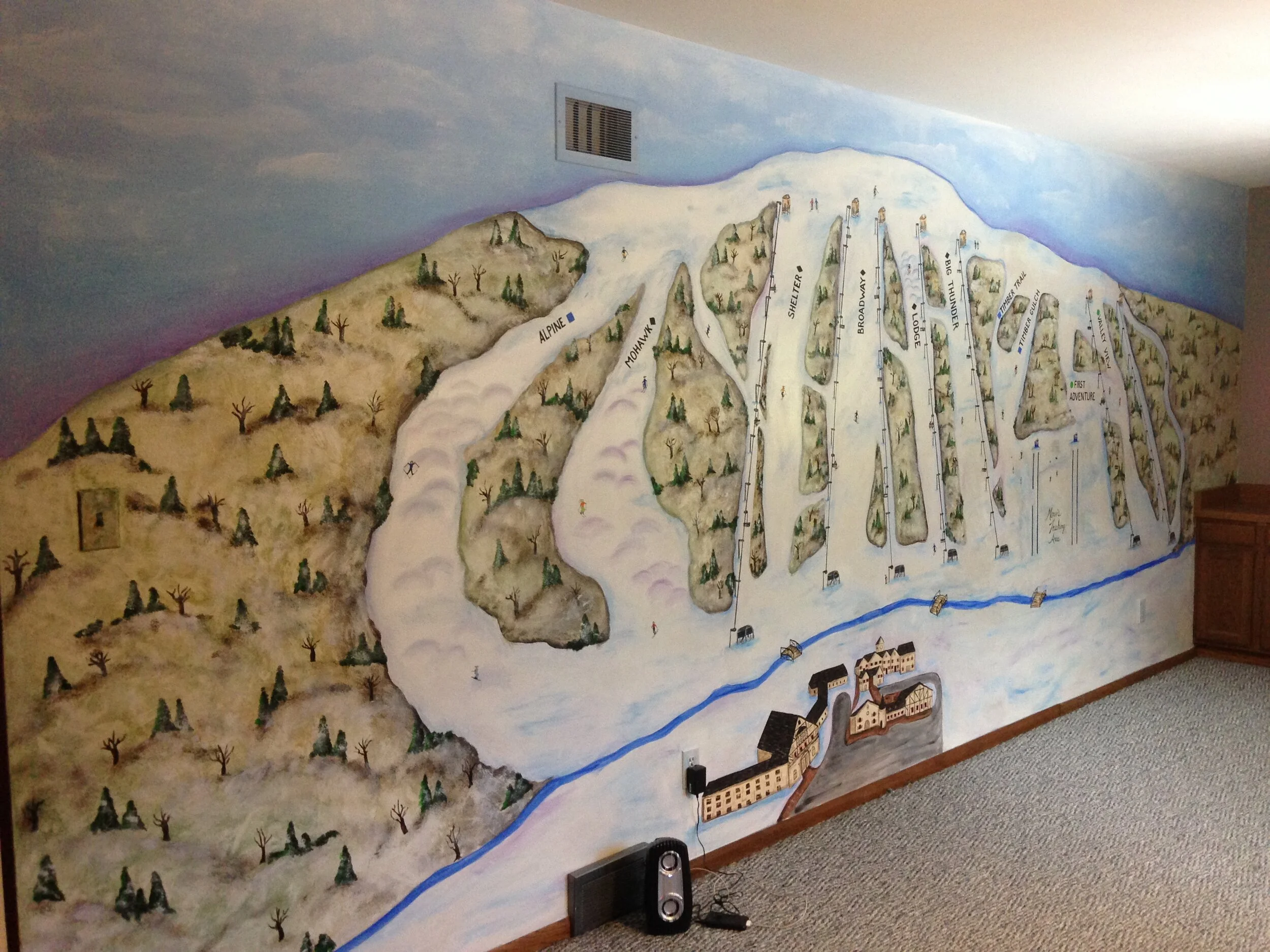 Mural of Alpine Valley Ski Hill, stage one complete.  