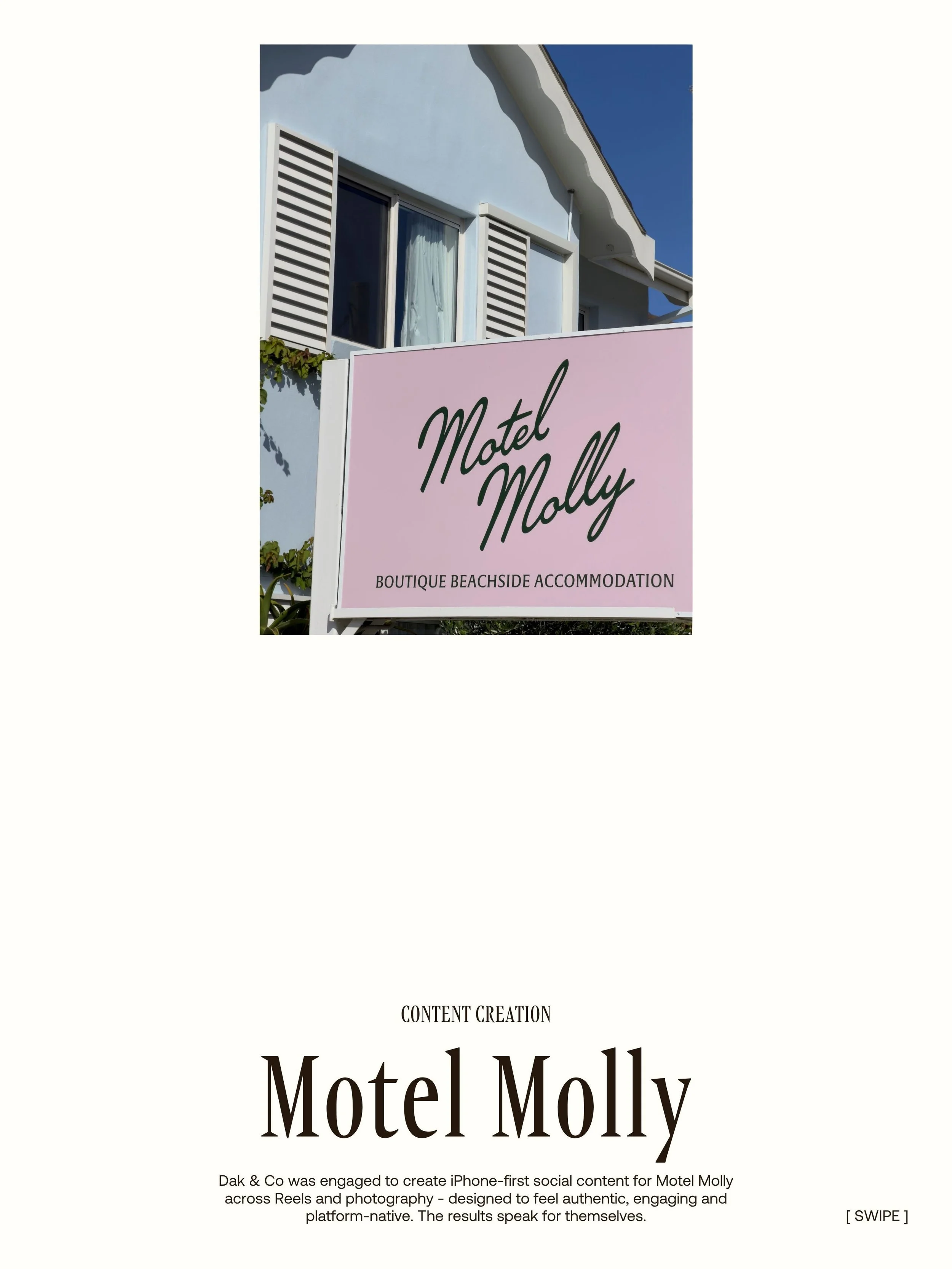 One thing we love creating for clients? Content that feels considered, engaging and made for the way people actually consume social media. 

For @motelmolly_ , that meant a full suite of iPhone-shot Reels and photography designed to capture the brand