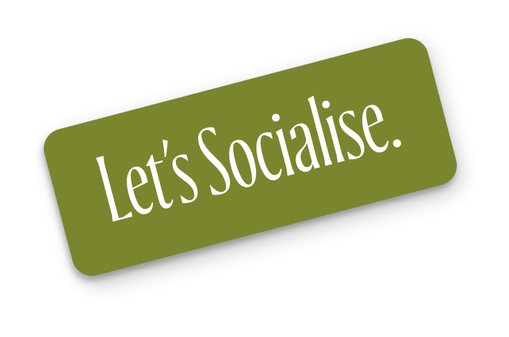 Green rectangular stamp with white text saying "Let's Socialise" on a black background.