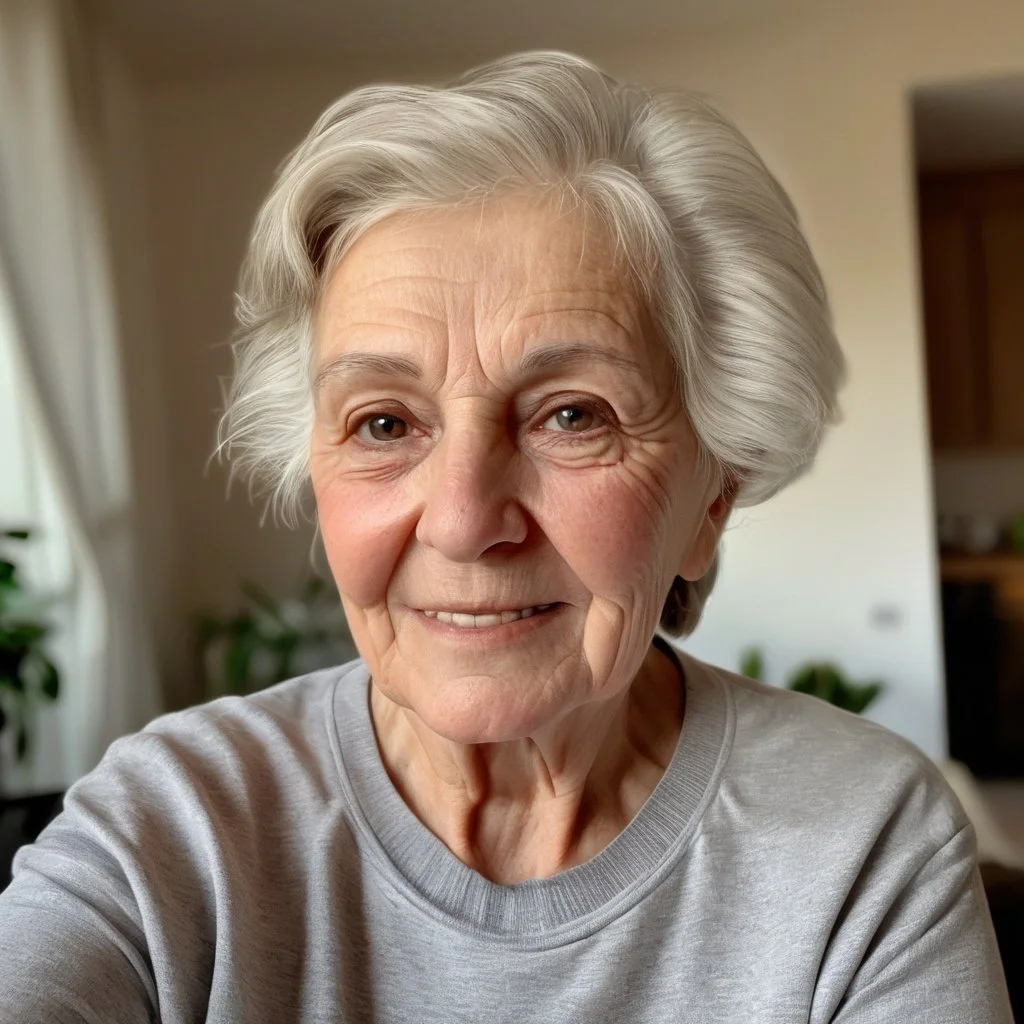 A middle-aged woman with short red hair, wearing a pink jacket, sitting outdoors with her hands clasped under her chin, looking thoughtful and smiling.