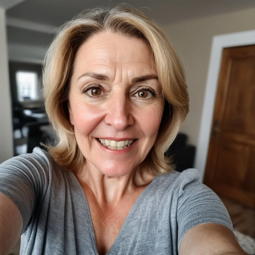 Woman with short red hair smiling and taking a selfie in a cafe