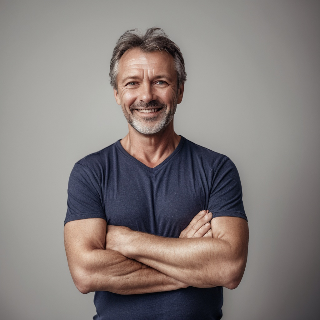 Close-up portrait of a middle-aged man with short dark hair, gray beard, wearing a navy blazer over a white t-shirt, standing against a wooden background.