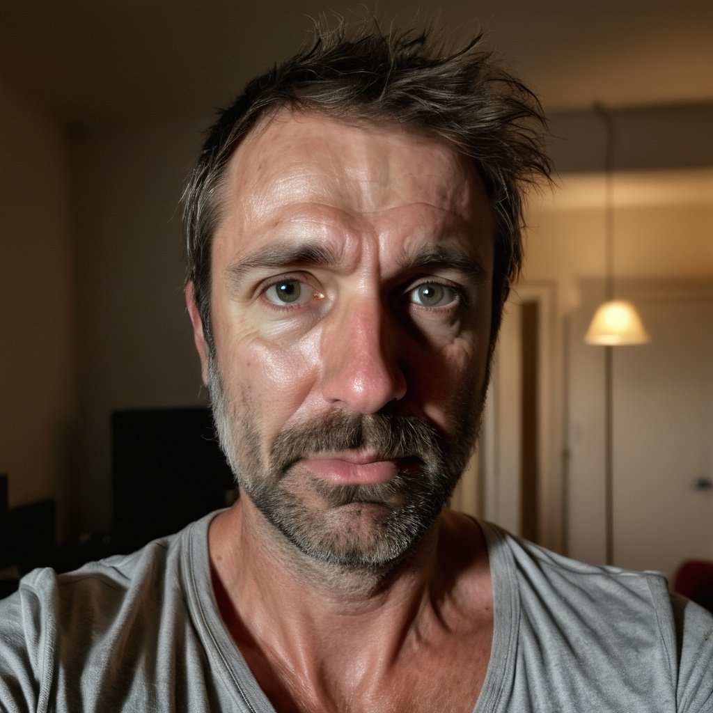 Smiling man with a beard and long hair tied back, wearing a gray T-shirt with a black collar and a black hoodie, against a dark background.