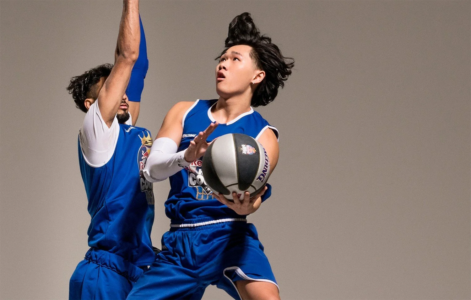 Studio basketball action from a Red Bull Half Court commercial campaign, photographed by Karen Yeomans