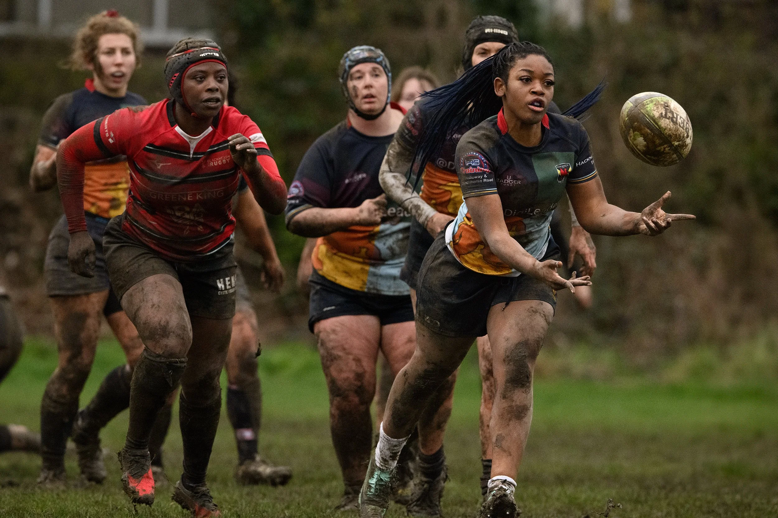 Muddy women's rugby match played in February 2024 at Hackney Ladies