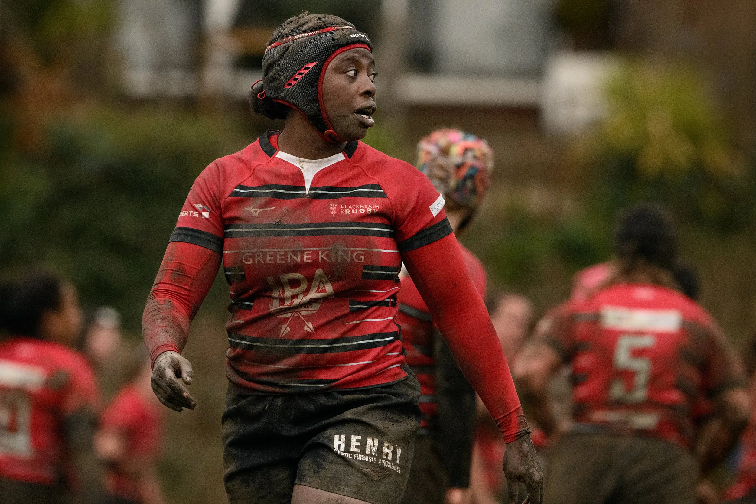 Muddy women's rugby match played in February 2024 at Hackney Ladies
