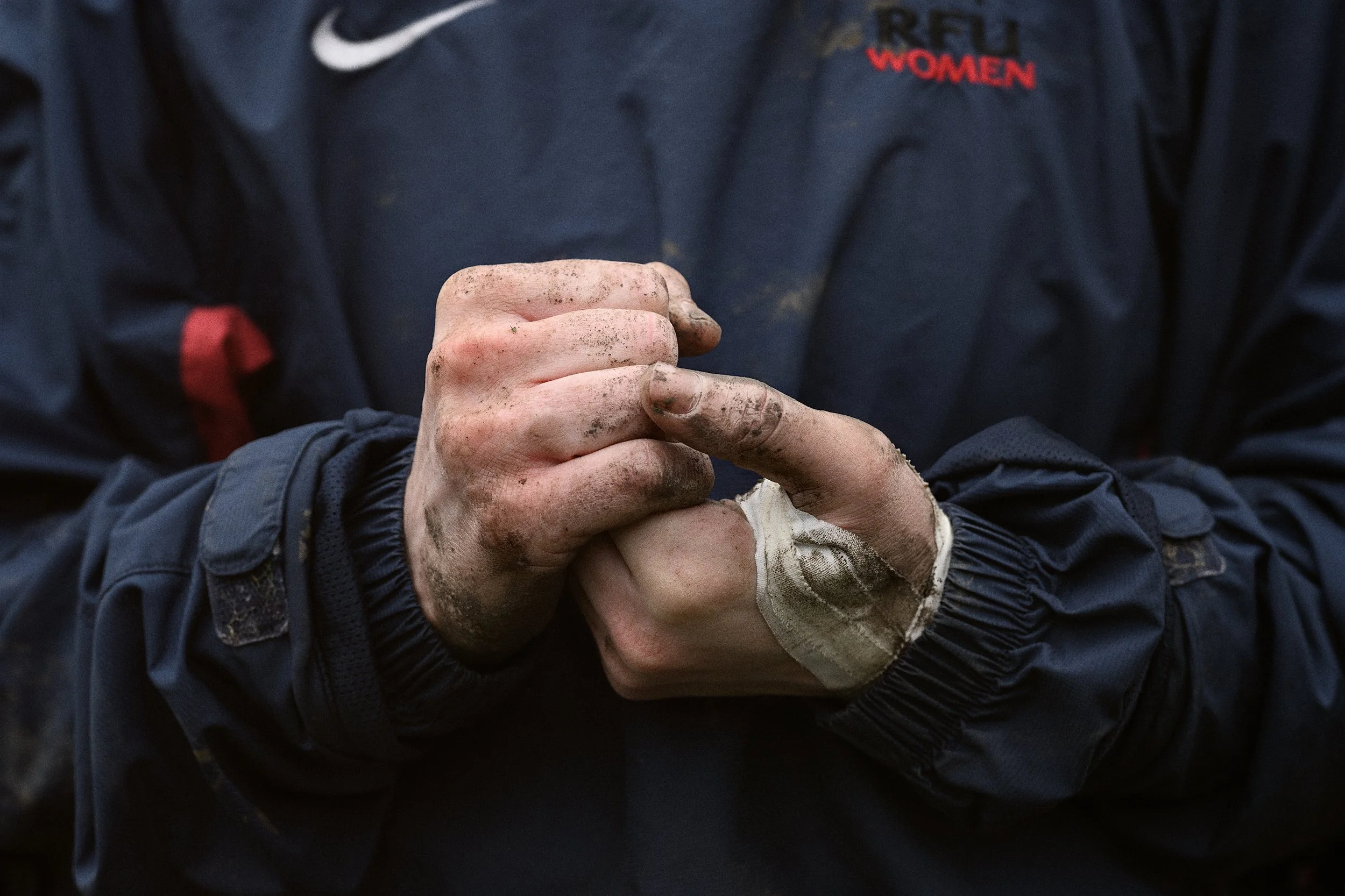 Muddy women's rugby match played in February 2024 at Hackney Ladies
